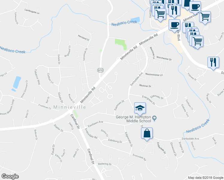 map of restaurants, bars, coffee shops, grocery stores, and more near 4592 Central Park Drive in Woodbridge