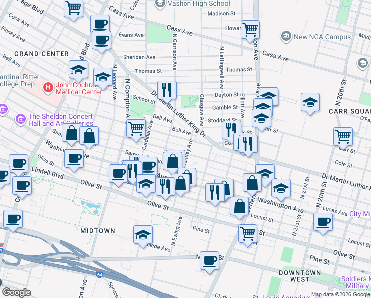 map of restaurants, bars, coffee shops, grocery stores, and more near 2903 Delmar Boulevard in St. Louis
