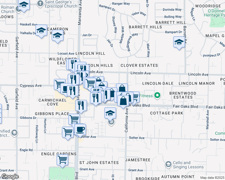 map of restaurants, bars, coffee shops, grocery stores, and more near 4052 Leos Lane in Carmichael