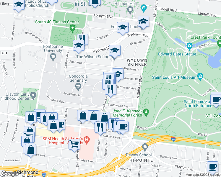 map of restaurants, bars, coffee shops, grocery stores, and more near 706 De Mun Avenue in Clayton