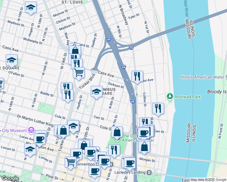 map of restaurants, bars, coffee shops, grocery stores, and more near 1413 North 8th Street in St. Louis
