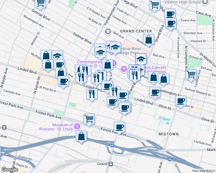 map of restaurants, bars, coffee shops, grocery stores, and more near 3693 Lindell Boulevard in St. Louis