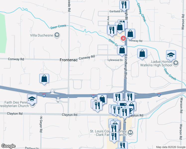 map of restaurants, bars, coffee shops, grocery stores, and more near 44 Lynnbrook Road in Frontenac