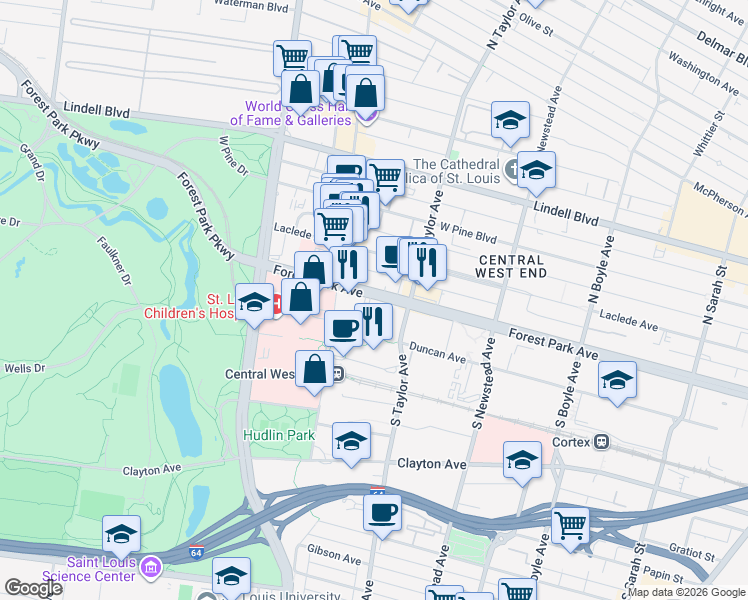 map of restaurants, bars, coffee shops, grocery stores, and more near 4540 Forest Park Avenue in St. Louis