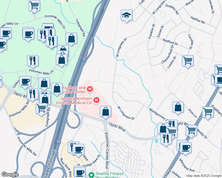 map of restaurants, bars, coffee shops, grocery stores, and more near 2239 West Longview Drive in Woodbridge
