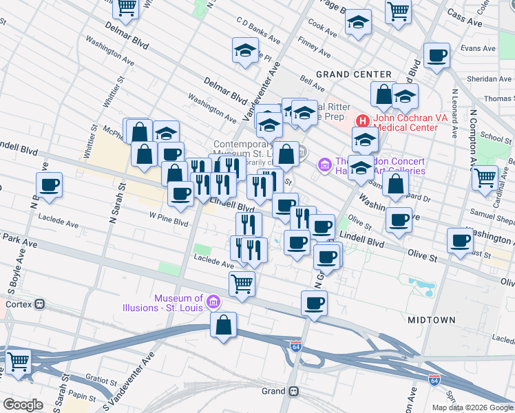 map of restaurants, bars, coffee shops, grocery stores, and more near 3733 Lindell Boulevard in St. Louis