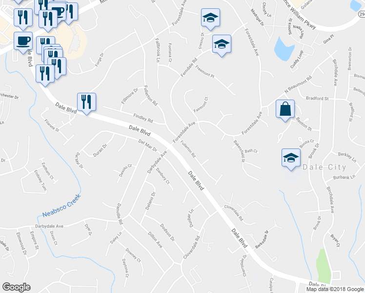 map of restaurants, bars, coffee shops, grocery stores, and more near 14502 Fullerton Road in Woodbridge