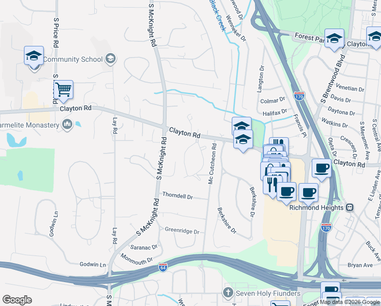 map of restaurants, bars, coffee shops, grocery stores, and more near 27 Ridgetop Drive in Richmond Heights