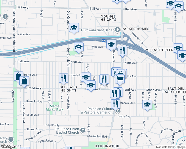 map of restaurants, bars, coffee shops, grocery stores, and more near 3901 Huron Street in Sacramento