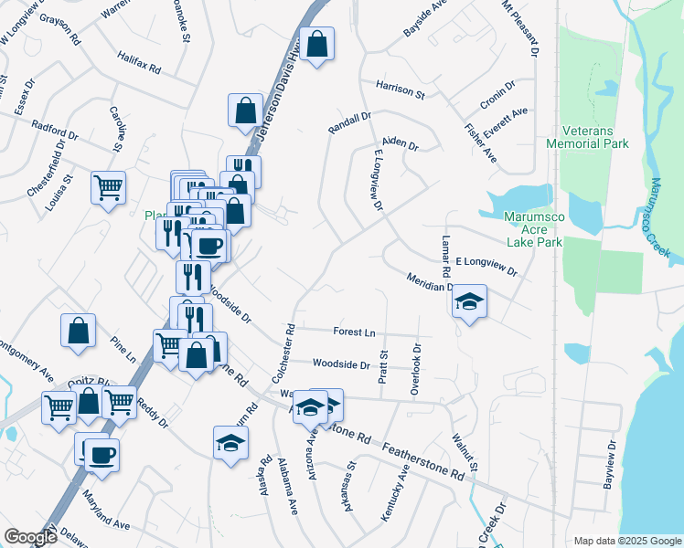 map of restaurants, bars, coffee shops, grocery stores, and more near 14419 Colchester Rd in Woodbridge