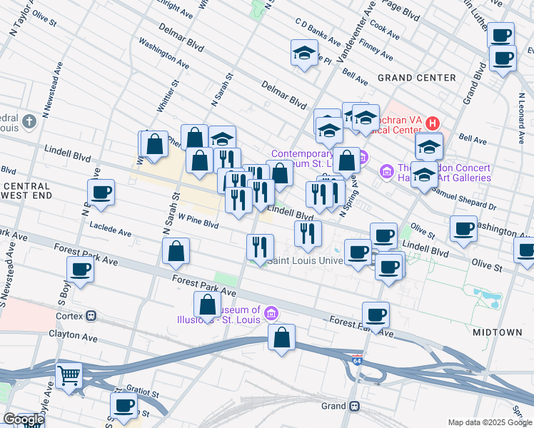 map of restaurants, bars, coffee shops, grocery stores, and more near 3840 Lindell Boulevard in St. Louis