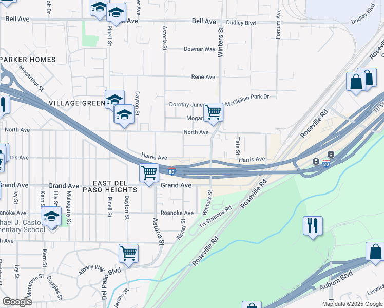 map of restaurants, bars, coffee shops, grocery stores, and more near 2313 Harris Avenue in Sacramento