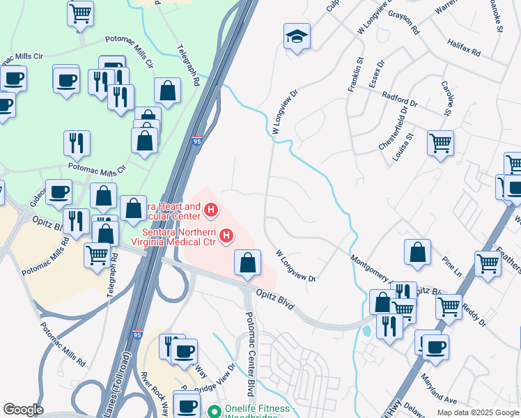 map of restaurants, bars, coffee shops, grocery stores, and more near 2239 West Longview Drive in Woodbridge
