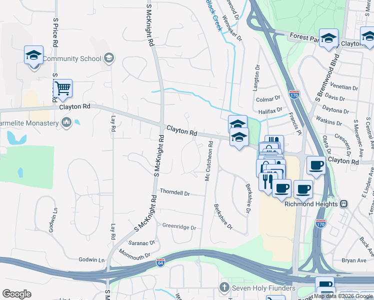 map of restaurants, bars, coffee shops, grocery stores, and more near 27 Ridgetop Dr in St Louis