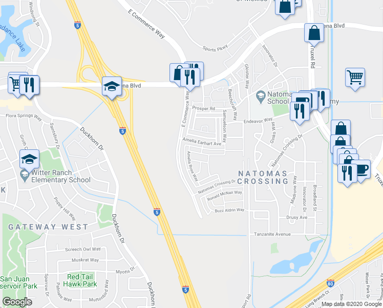 map of restaurants, bars, coffee shops, grocery stores, and more near 3750 Samuelson Way in Sacramento