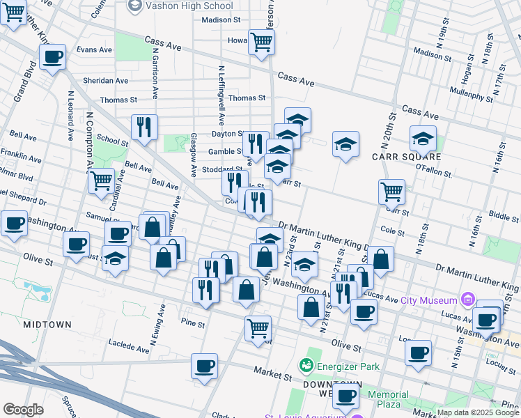 map of restaurants, bars, coffee shops, grocery stores, and more near 919 North Jefferson Avenue in St. Louis