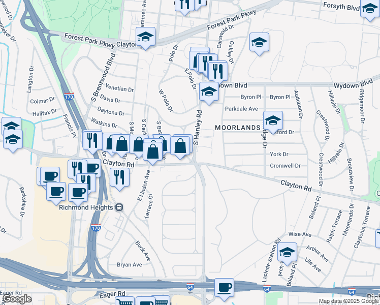 map of restaurants, bars, coffee shops, grocery stores, and more near 921 South Hanley Road in Clayton