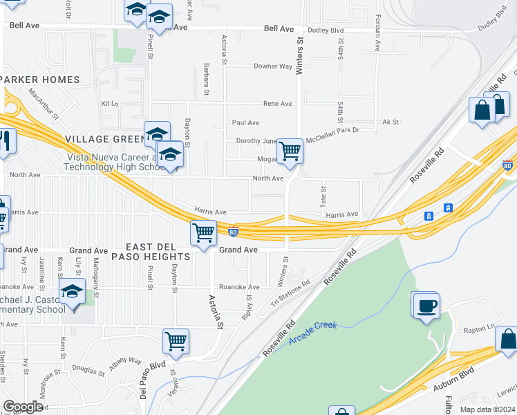 map of restaurants, bars, coffee shops, grocery stores, and more near 2313 Harris Avenue in Sacramento
