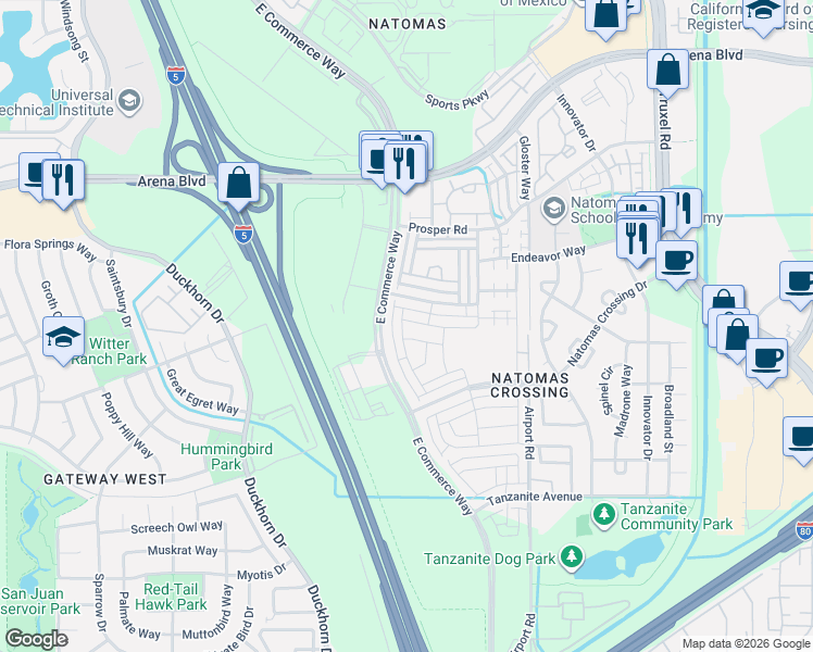 map of restaurants, bars, coffee shops, grocery stores, and more near 3841 Amelia Rose Way in Sacramento