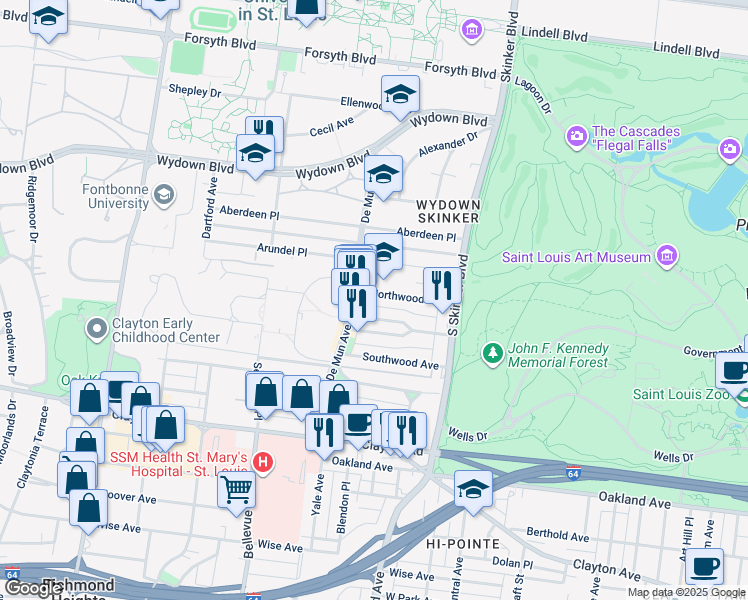 map of restaurants, bars, coffee shops, grocery stores, and more near 706 De Mun Avenue in Clayton