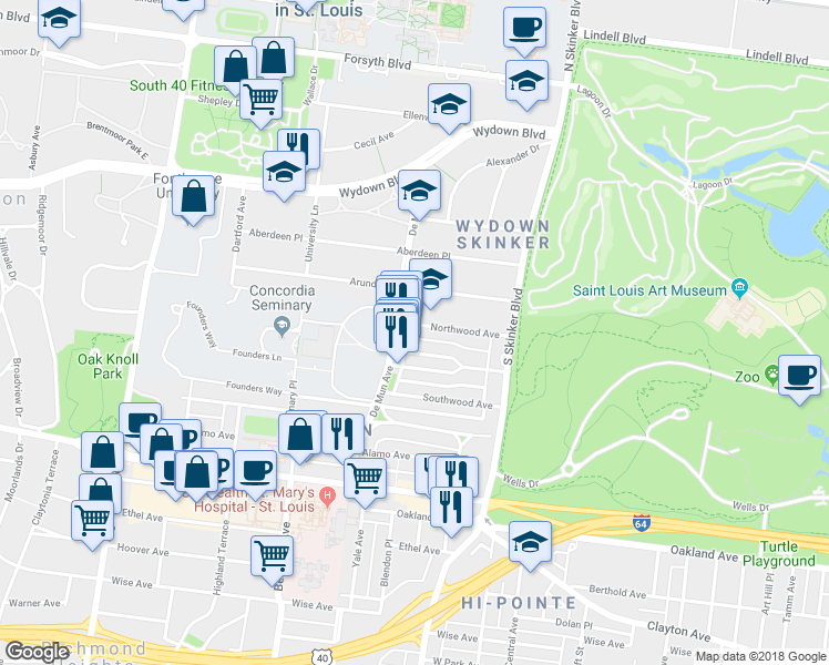 map of restaurants, bars, coffee shops, grocery stores, and more near 706 De Mun Avenue in Clayton