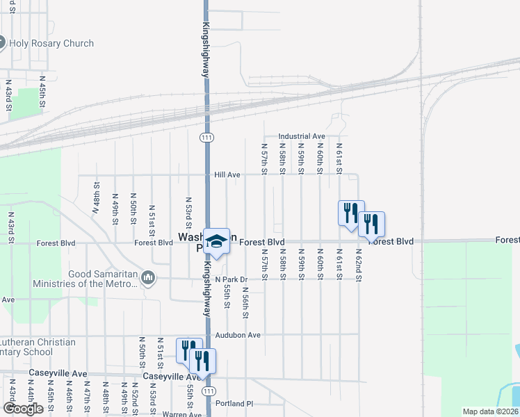 map of restaurants, bars, coffee shops, grocery stores, and more near 2211 North 57th Street in East St. Louis