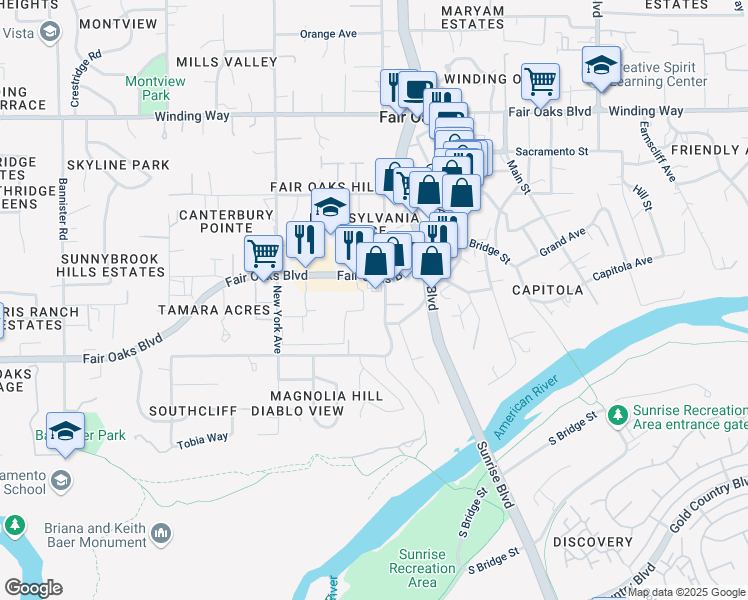 map of restaurants, bars, coffee shops, grocery stores, and more near 4047 Pennsylvania Avenue in Fair Oaks