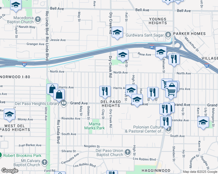 map of restaurants, bars, coffee shops, grocery stores, and more near 3901 Dry Creek Road in Sacramento