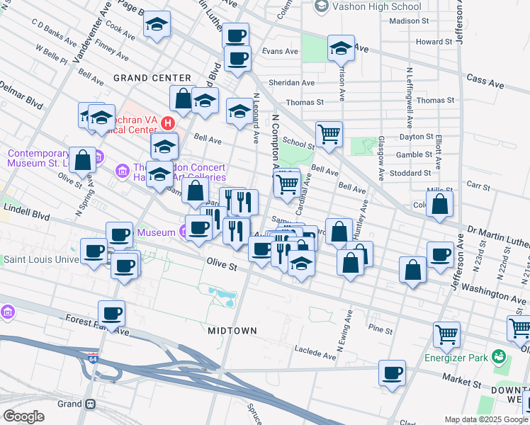 map of restaurants, bars, coffee shops, grocery stores, and more near 3201 Samuel Shepard Drive in Saint Louis
