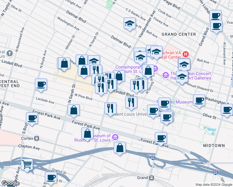 map of restaurants, bars, coffee shops, grocery stores, and more near 3840 Lindell Blvd in St Louis