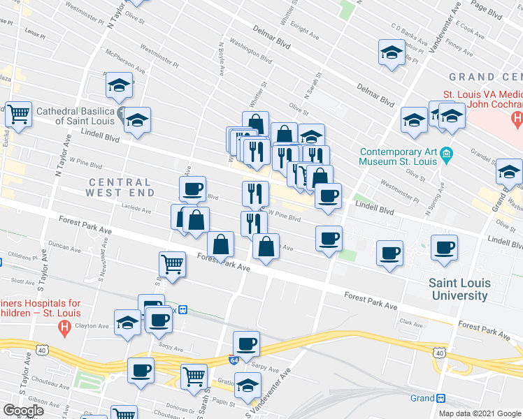 map of restaurants, bars, coffee shops, grocery stores, and more near N Sarah St & W Pine Blvd in St Louis