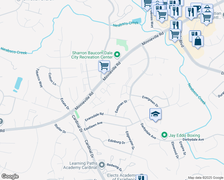 map of restaurants, bars, coffee shops, grocery stores, and more near 4619 Central Park Drive in Woodbridge