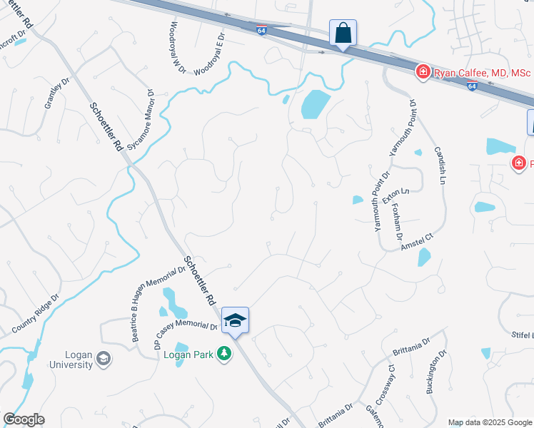 map of restaurants, bars, coffee shops, grocery stores, and more near 1505 Timberbluff Court in Chesterfield