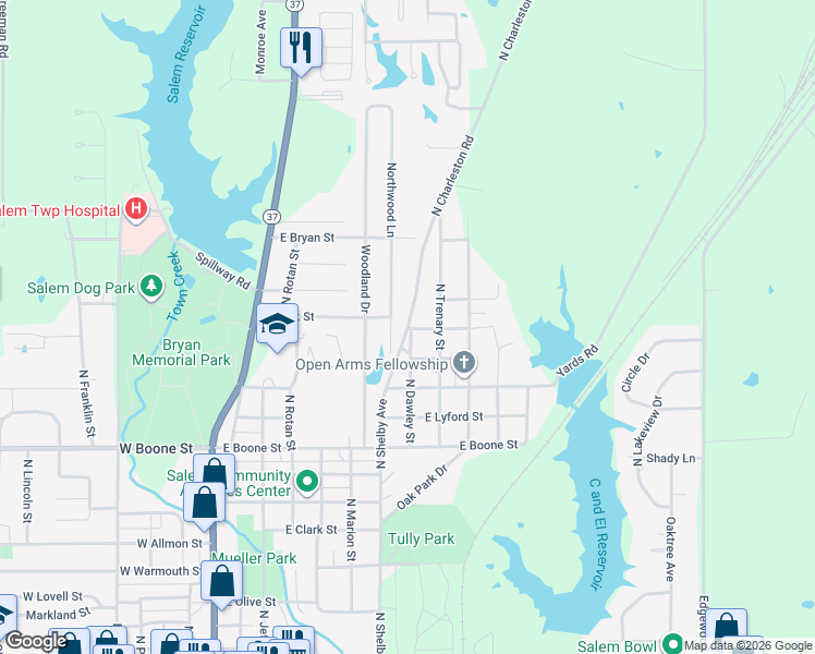 map of restaurants, bars, coffee shops, grocery stores, and more near 1401 North Charleston Road in Salem