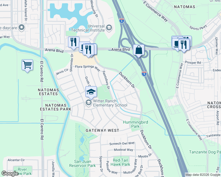 map of restaurants, bars, coffee shops, grocery stores, and more near 3814 Saintsbury Drive in Sacramento