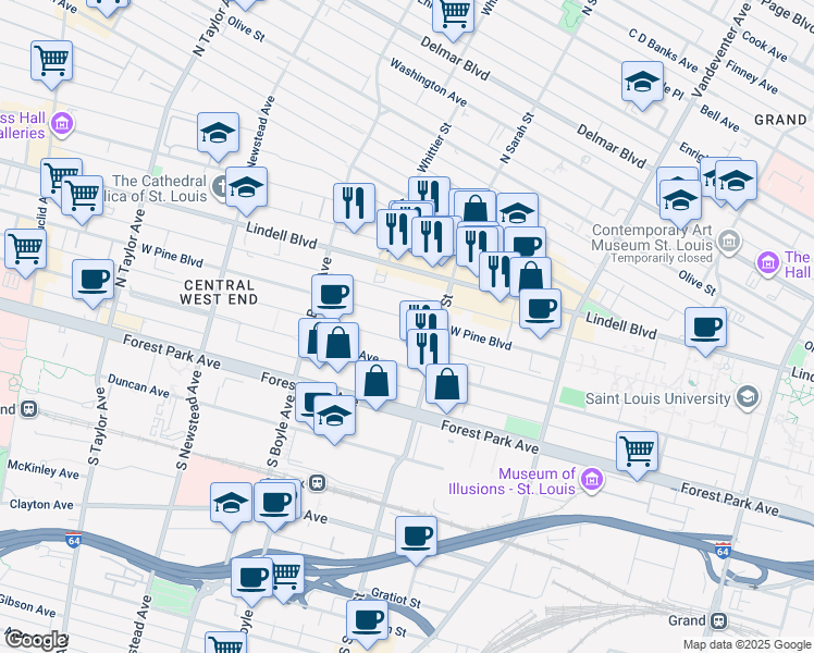 map of restaurants, bars, coffee shops, grocery stores, and more near 4132 West Pine Boulevard in St. Louis