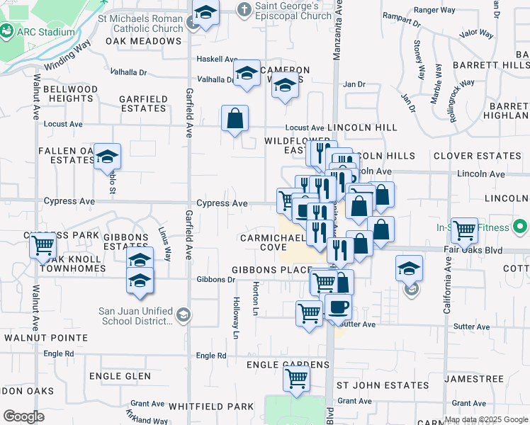 map of restaurants, bars, coffee shops, grocery stores, and more near 5700 Cypress Avenue in Carmichael