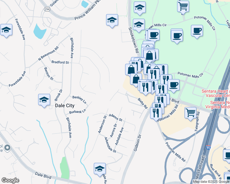 map of restaurants, bars, coffee shops, grocery stores, and more near 14536 Bisbee Court in Woodbridge