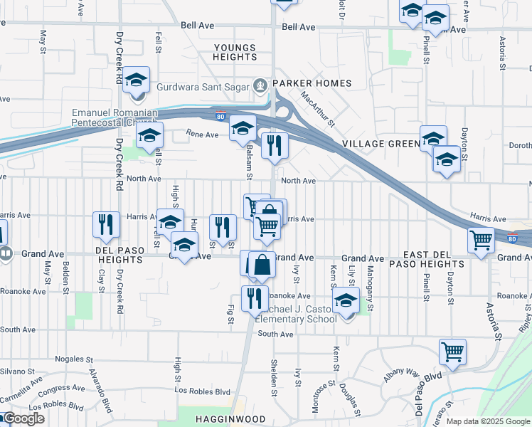 map of restaurants, bars, coffee shops, grocery stores, and more near 3905 Marysville Boulevard in Sacramento