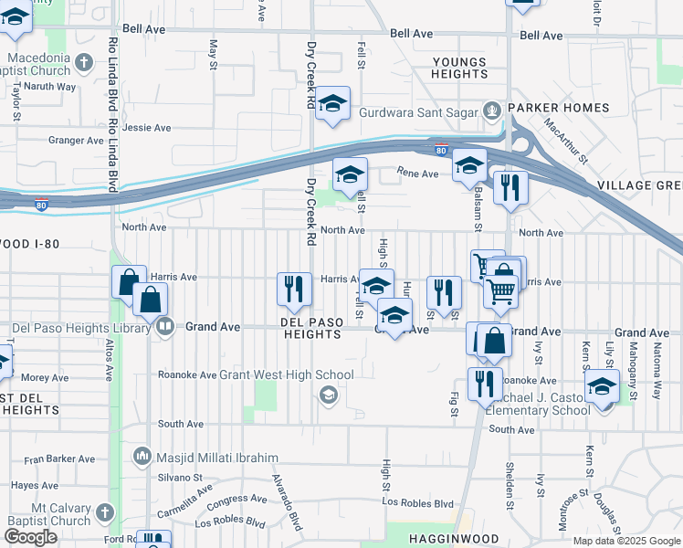 map of restaurants, bars, coffee shops, grocery stores, and more near 3900 Alder Street in Sacramento