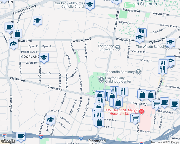 map of restaurants, bars, coffee shops, grocery stores, and more near 40 Ridgemoor Drive in Clayton