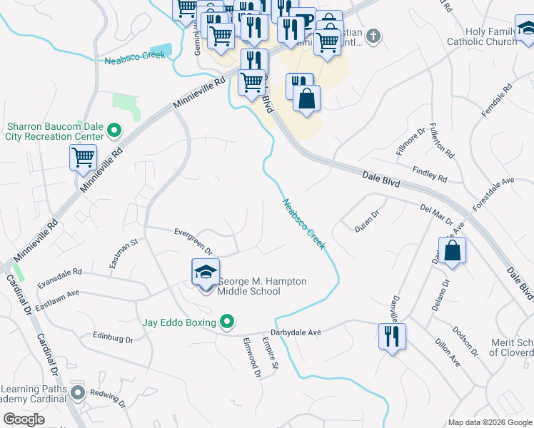 map of restaurants, bars, coffee shops, grocery stores, and more near 4209 Evergreen Drive in Woodbridge