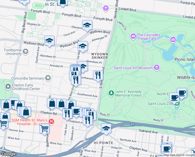 map of restaurants, bars, coffee shops, grocery stores, and more near 6227 Northwood Avenue in St. Louis