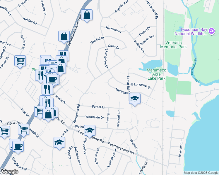 map of restaurants, bars, coffee shops, grocery stores, and more near 14412 Meridian Drive in Woodbridge