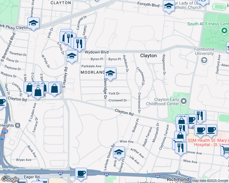 map of restaurants, bars, coffee shops, grocery stores, and more near 7447 York Drive in Clayton