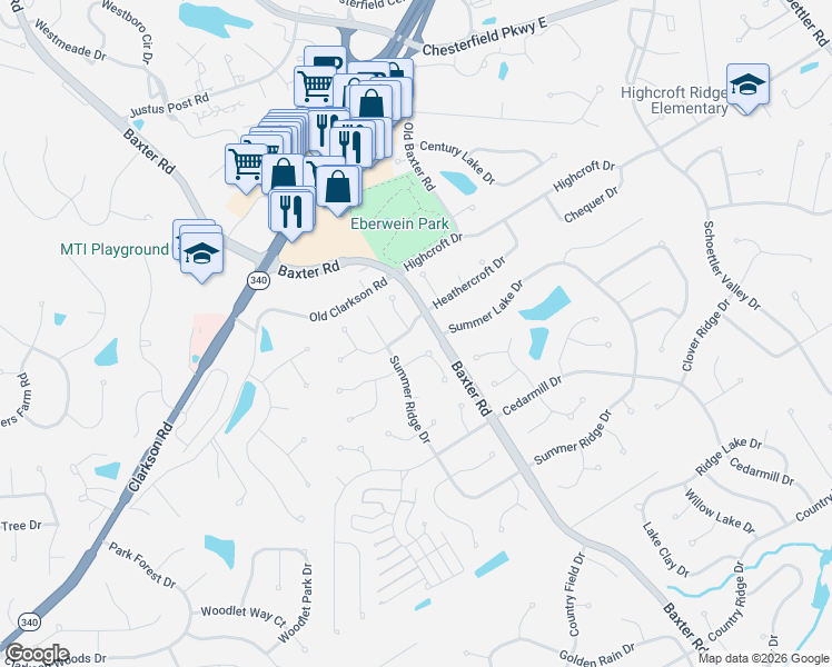 map of restaurants, bars, coffee shops, grocery stores, and more near 15706 Heathercroft Drive in Chesterfield