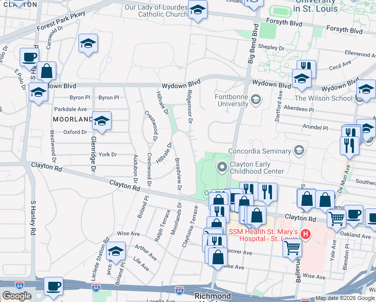 map of restaurants, bars, coffee shops, grocery stores, and more near 40 Ridgemoor Drive in Clayton