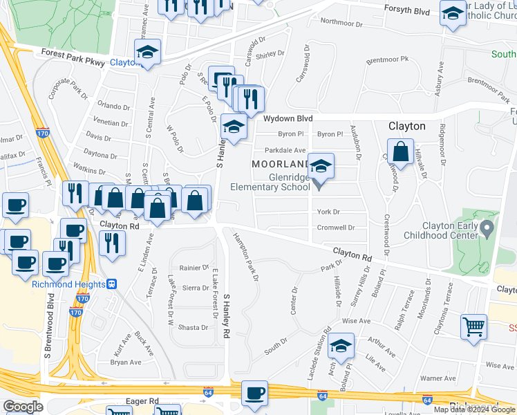 map of restaurants, bars, coffee shops, grocery stores, and more near 7571 York Drive in Clayton