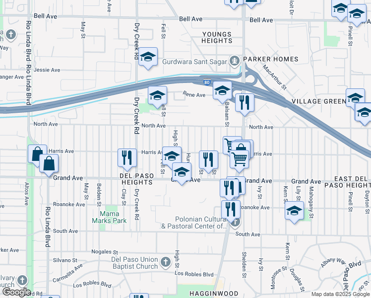 map of restaurants, bars, coffee shops, grocery stores, and more near 3901 Huron Street in Sacramento