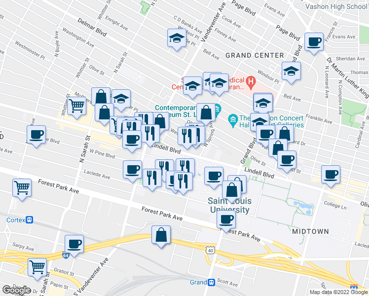 map of restaurants, bars, coffee shops, grocery stores, and more near 3701 Lindell Boulevard in St. Louis